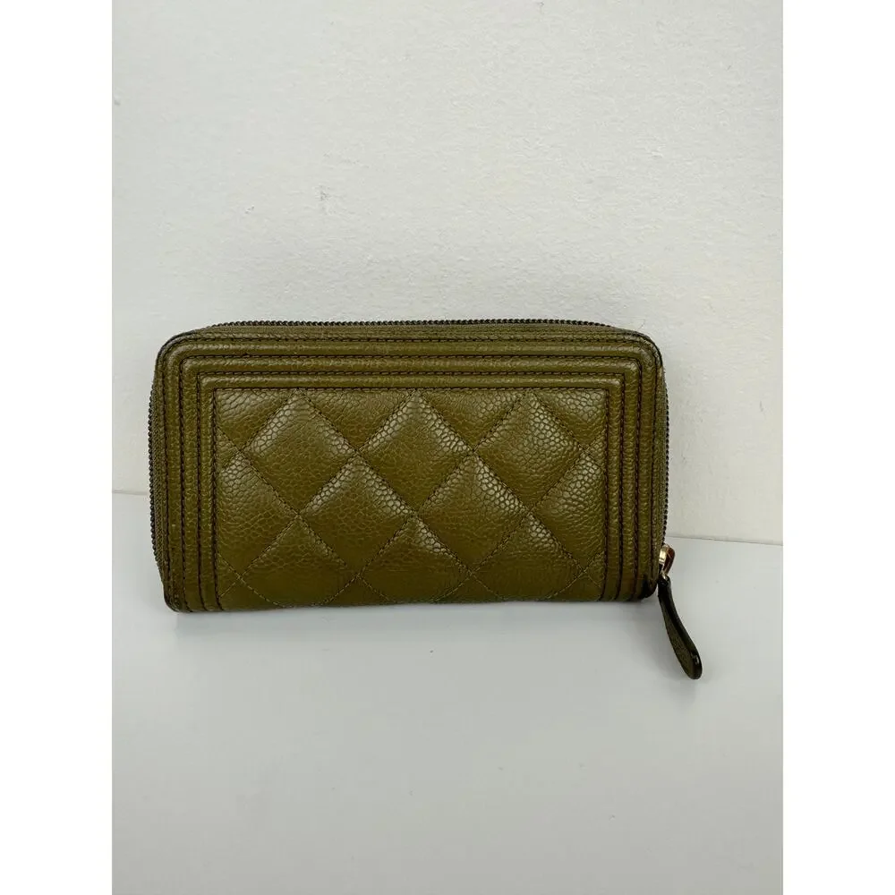 CHANEL Khaki Green Continental Wallet Leather Quilted Inner Pocket Zip Around